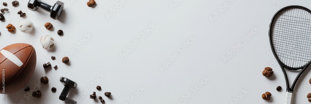 Poster various sports equipment like a football, tennis racket, and dumbbells are arranged, leaving an area
