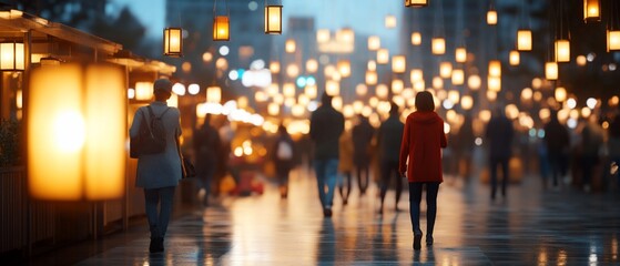 Fototapeta premium Evening scene with people walking amidst glowing lanterns.