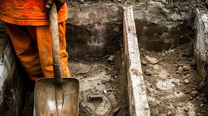 A close-up of the worker’s feet planted firmly on the ground, shovel poised for action, showcasing the stability and strength required for digging.