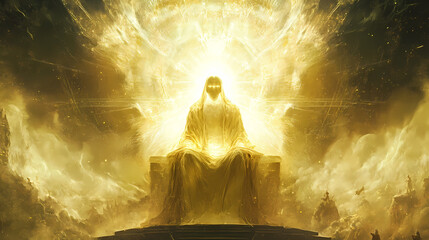 Majestic figure in regal robes, surrounded by radiant light, sits on a throne, with a gentle, loving gaze, conveying divine authority and compassion. Omniscient. Illustration