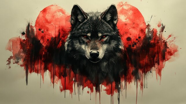 Fierce wolf portrait in red watercolor heart.