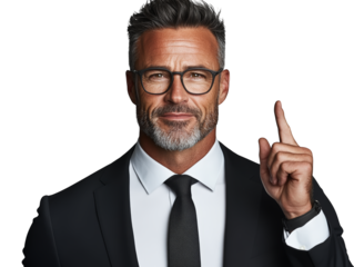 Confident businessman in a suit and tie pointing directly at the viewer, creating sense of direct engagement focused communication.