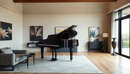 Grand piano at living room showcasing a living room with an elegant grand piano as a focal point, combining luxury and art