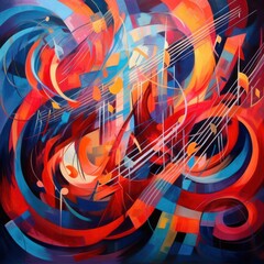Abstract vibrant painting of swirling colors and musical notes.