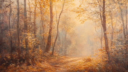 Obraz premium Golden light filtering through misty woods, casting warm tones over autumn leaves