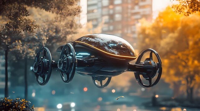 Futuristic hover car in a serene urban landscape during autumn, showcasing advanced technology and sleek design.