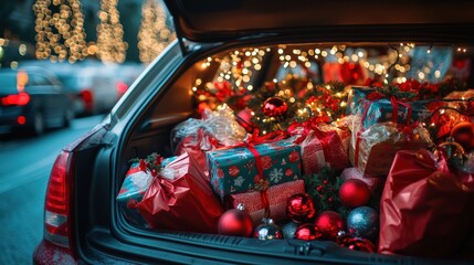 Car trunk overflowing with colorful wrapped Christmas gifts, ornaments, and festive decorations, illuminated by warm holiday lights in a city setting.