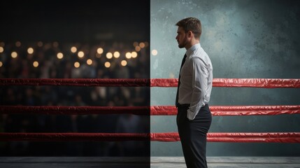 Businessman in boxing stance facing challenge ring environment conceptual image focus on determination and strength - Powered by Adobe