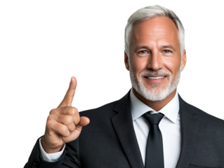 Confident businessman in suit and tie points directly at the camera, engaging with a focused expression