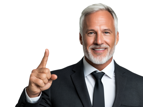 Confident businessman in suit and tie points directly at the camera, engaging with a focused expression