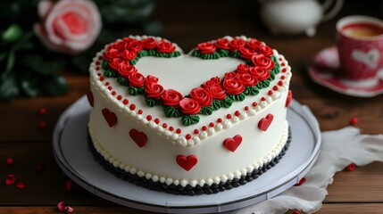 A beautifully decorated heart-shaped cake adorned with red roses, ideal for celebrations such as weddings, anniversaries, or Valentine's Day. Elegantly presented on a wooden table.