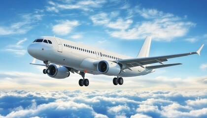 Fototapeta premium White Passenger Airplane Takes Flight, Soaring Through a Picturesque Blue Sky Above the Clouds