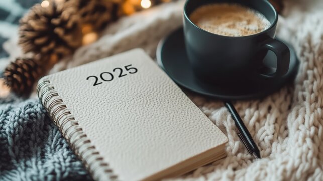 Spiral-bound diary with "2025" text resting on cozy knit fabric, paired with a black coffee cup and soft warm lighting.