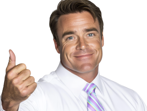 Man in white shirt and tie making a pointing gesture with finger in professional setting, indicating or directing.
