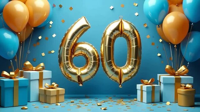 A blue and gold 60th birthday anniversary celebration with balloons and confetti	
