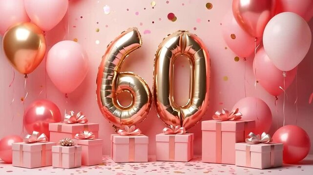 A pink and gold 60th birthday anniversary celebration with balloons and confetti	