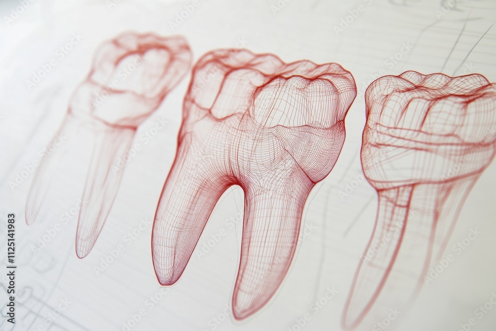 Poster minimalist schematic of a dental arch featuring intricate tooth designs, ideal for dental clinic ban