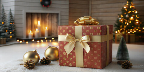 Christmas red gift box. Concept of new year celebration. Template giftbox.