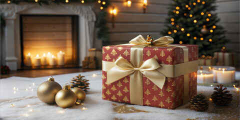 Christmas red gift box. Concept of new year celebration. Template giftbox.