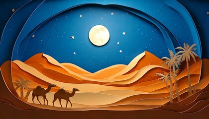 Paper Cutout Art, Desert at Night, Camels