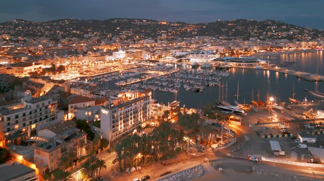 Aerial view of the Cannes at night, Cote d'Azur, southern France.