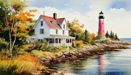 Lighthouse Keeper House, Watercolor art, illustration