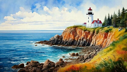 Lighthouse on Cliff Watercolor Art, Illustration