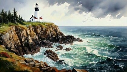 Lighthouse on Cliff, Digital Art, Watercolor 