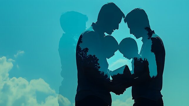 father and his child reading a book together, their silhouettes merged with images of growth and development, symbolizing the importance of nurturing curiosity and learning. [men's]:[men's parenting 