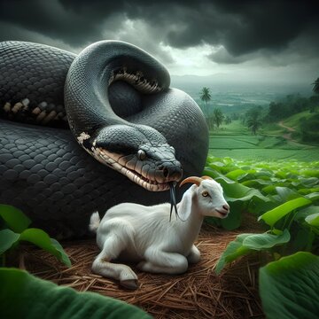 A large hungry anaconda snake preying on a small goat, background of green plantation lowlands, dark weather and scary atmosphere