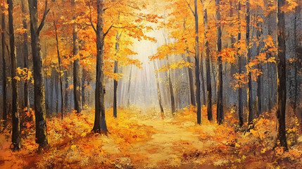 Fototapeta premium Golden morning light filtering through an autumn forest, highlighting orange and yellow leaves