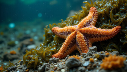 Starfish on seabed surrounded by seaweed in clear waters 