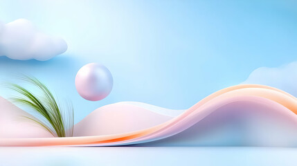 3d Render, Abstract Surreal landscape with colorful scene, pastel ball floating in the air with rainbow grass dune and arch with beautiful sky background