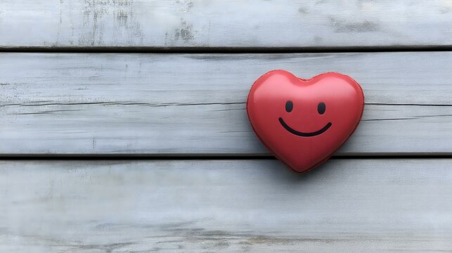 A cheerful, smiley red heart sits on a rustic wooden surface, symbolizing love and positivity. This simple yet charming image evokes feelings of joy and affection. - Powered by Adobe