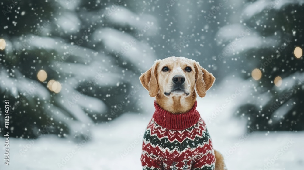 Poster a cheerful dog in a colorful sweater sits in front of a winter wonderland, surrounded by falling sno