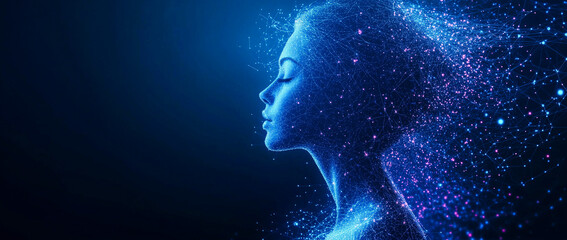 Obraz premium Profile of a woman dissolving into glowing particles on a dark background. Futuristic and artistic digital background.