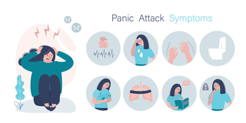 Fototapeta premium Medical infographics panic attack. Panic disorder concept. Panic attack signs and symptoms. Woman suffering from headache, depression and fear. Anxiety disorder.