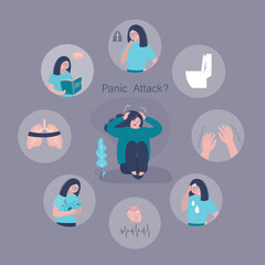 Woman with panic attacks symptoms, treatment and risk factors. Common symptoms of attack and disorder. Medical symptoms of fear anxiety problem recent.