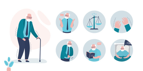 Medical poster Parkinson's disease. Senior with symptoms of the disease. Prevention. Sick old man. Infographic and signs about Alzheimer's symptoms.
