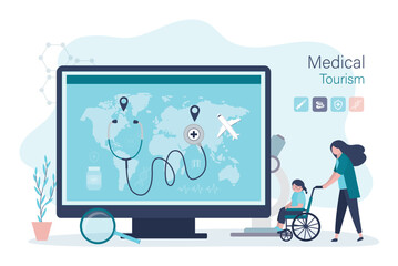 Medical tourism, concept. Stethoscope on worldwide with airplane. Mother with sick daughter planning flights overseas for cheap medical treatment and operation service.