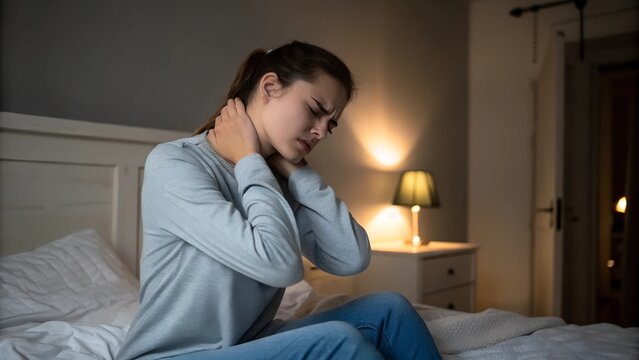 Woman neckpain problem, life style healthcare issu need medical help