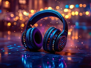 Headphones on a bright shiny background.
