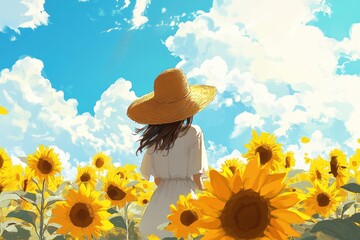 Woman in straw hat amidst sunflowers under a bright summer sky. Perfect for summer, nature, and happiness themes.