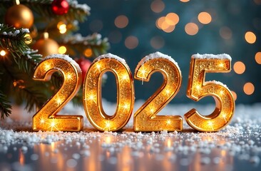 Golden numbers 2025 against the background of a Christmas tree and garlands, celebrating the New Year and Christmas