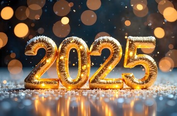 Yellow inflatable numbers 2025 for celebrating new year and christmas