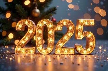 Bright glowing numbers 2025 on a New Year's festive background