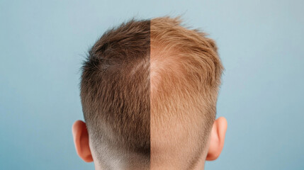 Before and After Hair Restoration Treatment Showing Contrast in Hair Density and Color on Male Head Against Blue Background