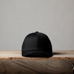 Black cap displayed on a wooden surface with a simple background