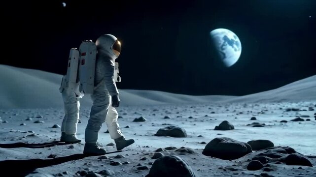 Two astronauts stand on the surface of the Moon, gazing at the distant Earth in the blackness of space. A moment of exploration and wonder, capturing the vastness and isolation of outer space