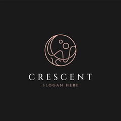Elegant crescent moon and waves logo design line icon vector in linear luxury style